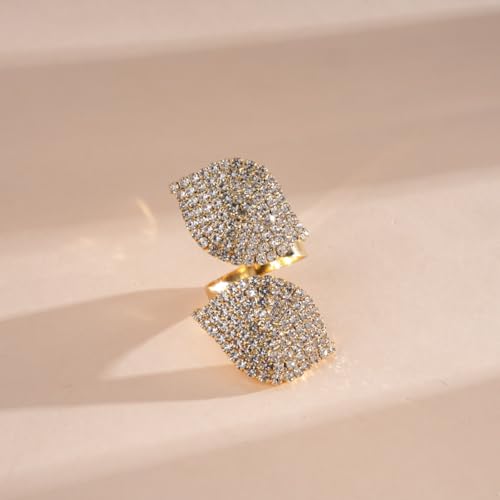Rhinestone Finger Ring for Women Sparkly Crystal Butterfly Flower Leaf Adjustable Statement Chain Rings Punk Jewelry - color: Leaf G