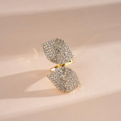 Rhinestone Finger Ring for Women Sparkly Crystal Butterfly Flower Leaf Adjustable Statement Chain Rings Punk Jewelry - color: Leaf G