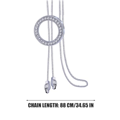 Long Sweater Necklace for Women, Silver Tone Crystal Circle Pendant, Elegant Snake Chain Fashion Jewelry for Dress & Top