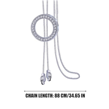 Long Sweater Necklace for Women, Silver Tone Crystal Circle Pendant, Elegant Snake Chain Fashion Jewelry for Dress & Top