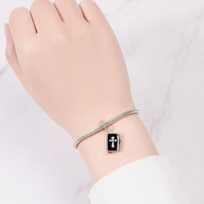 925 Sterling Silver Charms for Bracelets and Necklace Religious Cross Pendants Praying Hands, Bible, Virgin Mary, Jesus, Church Bead Jewelry - color: Holy Book Charms