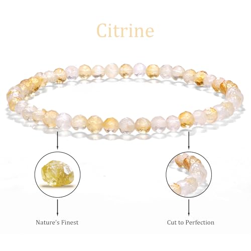 Natural Faceted Crystal Bracelet for Women,4mm Gemstone Round Beads Bracelets Adjustable Stretchy Healing Crystal Beads Bracelets Dainty Jewelry Gift - color: Citrine