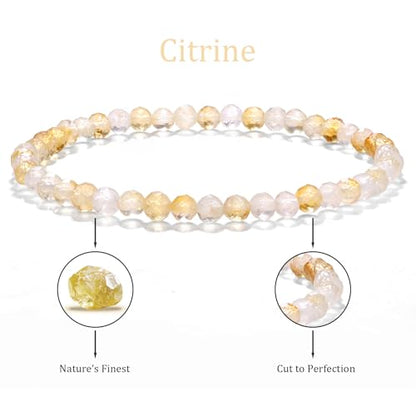 Natural Faceted Crystal Bracelet for Women,4mm Gemstone Round Beads Bracelets Adjustable Stretchy Healing Crystal Beads Bracelets Dainty Jewelry Gift - color: Citrine