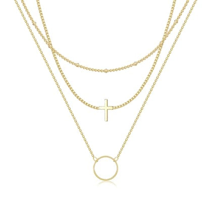 MFRYK Gold/Silver Necklaces Stack For Women,14K Gold/Sterling Silver Plated Simple Layered Choker Necklaces For Women,Stackable Multilayer Pearl Cross Disc Circle Pendant Cuban Herringbone Snake Paperclip Chain Necklaces Set Jewelry Gift for Women - style