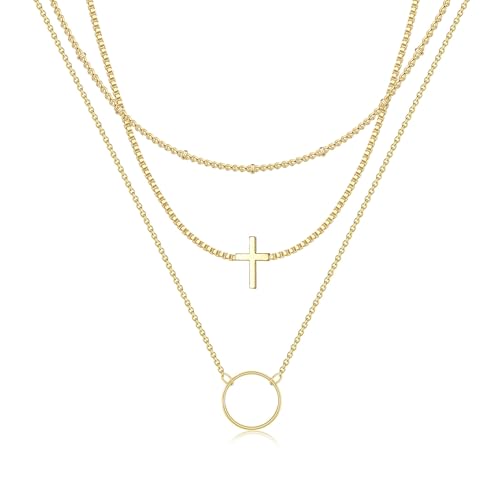 MFRYK Gold/Silver Necklaces Stack For Women,14K Gold/Sterling Silver Plated Simple Layered Choker Necklaces For Women,Stackable Multilayer Pearl Cross Disc Circle Pendant Cuban Herringbone Snake Paperclip Chain Necklaces Set Jewelry Gift for Women - style