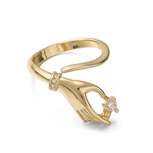 Trendy CZ Hand Open Rings for Women Unique Design Cubic Zirconia Crystal Dainty Adjustable Finger Comfort Fit Eternity Ring Promise Love Friendship Wedding Band Charm Jewelry for Her Girlfriend - color: Gold
