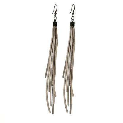 Handmade Genuine Leather Earrings for Women – Long Teardrop Boho Dangles, Lightweight Statement Fashion Jewelry - style: Springs-Grayish White