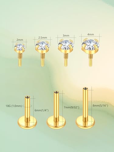 Oveta 16G 18G Flat Back Studs Earrings for Tragus Cartilage Piercing Jewelry, Surgical Steel Nose Rings Hoops 6/8/10mm, Silver/Gold - color: Gold, size: 18g*6/7/8mm bar
