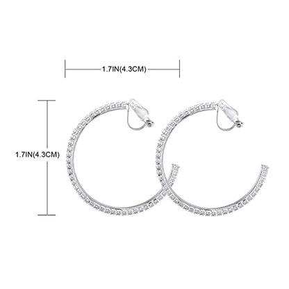 YOQUCOL 4.3CM(1.7in) Clip On Hoop Earrings Cubic Zirconia Non Pierced Ears Hoops for Women - color: Silver