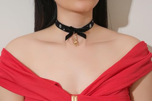 FOSIR Velvet Choker for Slender Neck, 14k Gold Plated Sainless Steel Heart/Snowman/Deer/Hat/Tree/Bell/Pendant Collar Necklace for Women, Adjustable Soft Skin-Friendly Velvet Jewelry Gifts - color: Black Choker- Deer