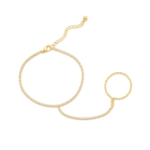 14K Gold Hand Chain Ring Bracelet-SM - style: Full Pave
