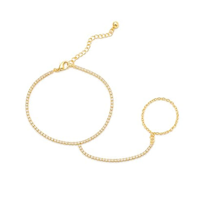 14K Gold Hand Chain Ring Bracelet-SM - style: Full Pave