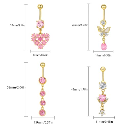 Pink Crystal Dangle Belly Button Rings, 4 Pack 14G Dangling Heart Teardrop Navel Rings Butterfly Belly Piercing Barbell Gold-Plated Summer Body Jewelry