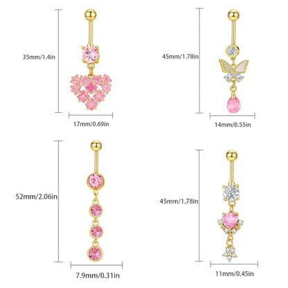 Pink Crystal Dangle Belly Button Rings, 4 Pack 14G Dangling Heart Teardrop Navel Rings Butterfly Belly Piercing Barbell Gold-Plated Summer Body Jewelry