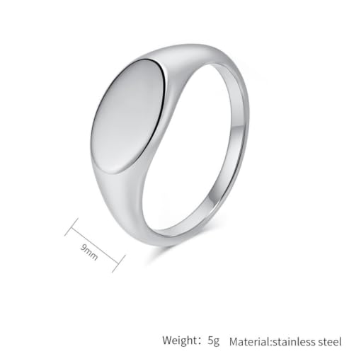 PAURO Women Oval Shape Signet Ring Geometric Style | Stainless Steel Oval-shape Signet Style for Women,Classical Simple Plain Wedding Engagement Statement Ring - color: Silver