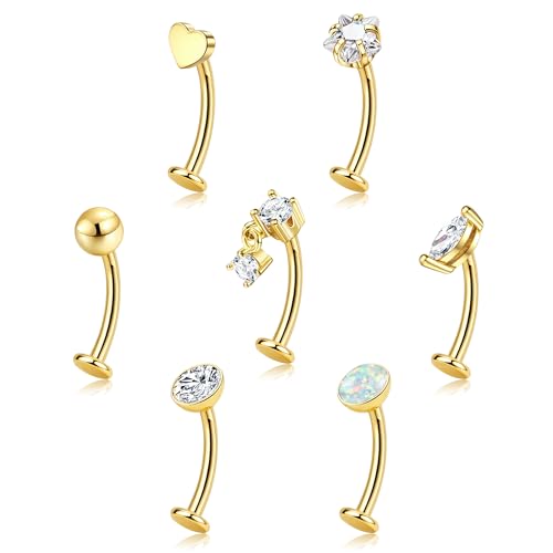 ORAZIO 7 Pcs Belly Button Ring Surgical Steel Hypoallergenic Floating Belly Button Rings for Women Flat Back CZ Opal Internally Threaded Long Bar Navel Piercing Jewelry 14G Gold Silver Tone - color: Gold Tone, size: 12mm