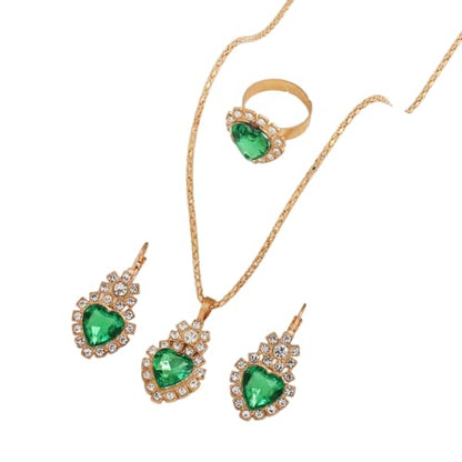 Teardrop/Heart Crystal Jewelry Set for Women, Gold Tone Rhinestone Necklace Earrings Ring Set, Wedding Bridal Prom Party Jewelry Gift - color: Green (Heart)