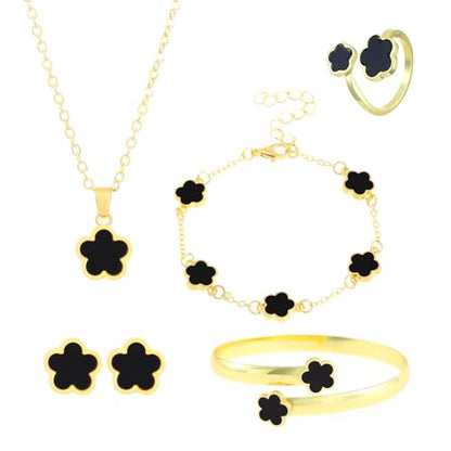 Fashionable Five Leaf Clover Jewelry 18K Gold Plated Bracelet Necklace Ring Studs Earrings Set for Women for Women - color: Black