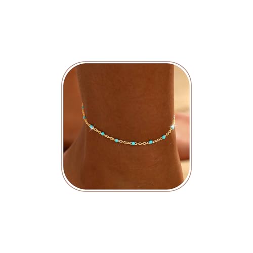 Ankle Bracelets for Women 14K Gold/Silver Plated Cross Heart Bead Anklet Waterproof Adjustable Chain Non Tarnish Cute Boho Trendy Dainty Summer Beach Foot Jewelry Gift for Her - style: Blue Beads-GD