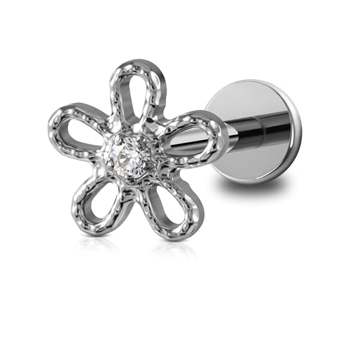 FINE4U 1PC ASTM F136 Titanium 16G Flatback Stud for Tragus, Helix, Conch 6mm 8mm - Screw on Cartilage Earring Piercing Jewelry - color: Flower - Tit