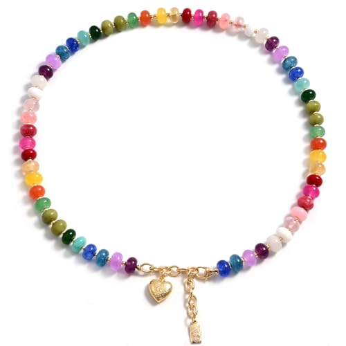 Boho Gemstone Beaded Necklace for Women – Colorful Natural Stone Choker 18K Solid Heart-Shaped Pendant, Summer Beach Jewelry - color: All things cute