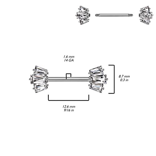 Pierced Owl 14GA 316L Stainless Steel CZ Crystal Baguette Crown Ends Nipple Barbells, Sold as a Pair - style: Silver Tone
