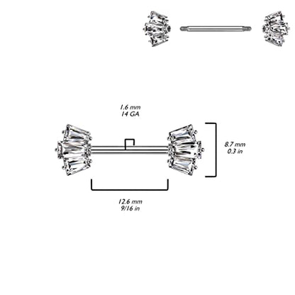 Pierced Owl 14GA 316L Stainless Steel CZ Crystal Baguette Crown Ends Nipple Barbells, Sold as a Pair - style: Silver Tone