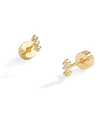 PAVOI 14K Gold Plated 925 Sterling Silver Posts Mini Stud Flat Back Earrings for Women | Helix Cartilage Piercing Jewelry | Dainty Pearl Star Cluster Cubic Zirconia Lotus Climber Screw Backs - style: Climber Stud