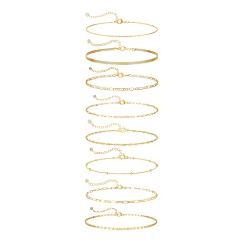 Cuzmly Bracelets for Women, Waterproof 14K Gold/Silver Plated Stackable Bracelets for Women Non Tarnish Trendy Dainty Paperclip Figaro Box Herringbone Hand Chain Bracelet Pack Stack Adjustable Jewelry for Women - style: 8 Box