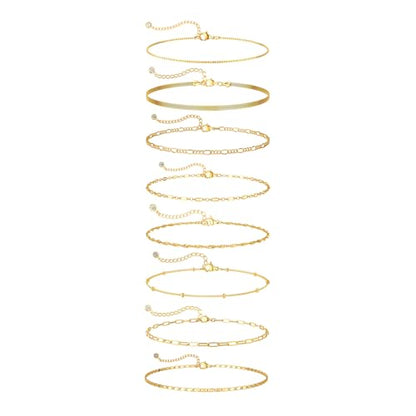 Cuzmly Bracelets for Women, Waterproof 14K Gold/Silver Plated Stackable Bracelets for Women Non Tarnish Trendy Dainty Paperclip Figaro Box Herringbone Hand Chain Bracelet Pack Stack Adjustable Jewelry for Women - style: 8 Box