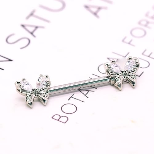 VERAMI 14G Stainless Steel Heart Nipple Rings and Barbell - Butterfly, Starlight Acrylic Ball, Tongue Rings for Women and Men - color: Silver butterfly