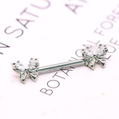 VERAMI 14G Stainless Steel Heart Nipple Rings and Barbell - Butterfly, Starlight Acrylic Ball, Tongue Rings for Women and Men - color: Silver butterfly