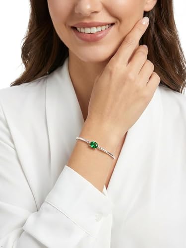 Moissanite/Sapphire/Ruby/Emerald Cuff Bracelet 1 Carat Oval Cut Center Stone Inlaid 925 Sterling Silver 14K Gold Plated Adjustable Birthstone Bangle for Women fit Wrist 5-7.5 Inch - color: Emerald Silver