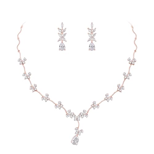 Crysdue Women's Wedding Bridal Jewelry Set for Brides Bridesmaids Cubic Zirconia Flower Leaf Vine Necklace Dangle Earrings for Prom Party - style: 17-rose gold