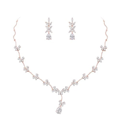 Crysdue Women's Wedding Bridal Jewelry Set for Brides Bridesmaids Cubic Zirconia Flower Leaf Vine Necklace Dangle Earrings for Prom Party - style: 17-rose gold