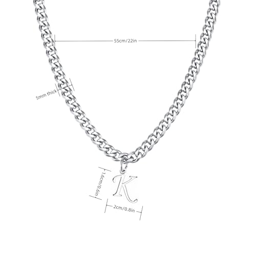 Stainless Steel Initial A-Z Necklace for Men Women,Cuban Chain,Titanium Steel Initial Letter Pendant Charm Necklaces Accessories Jewelry for Woman Man,21 Inch Chain - color: K