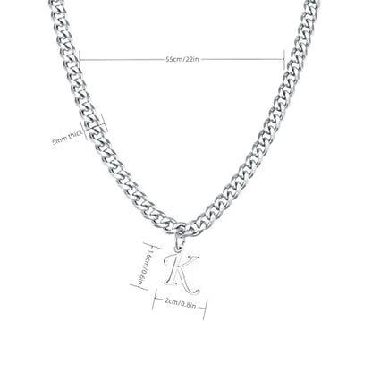 Stainless Steel Initial A-Z Necklace for Men Women,Cuban Chain,Titanium Steel Initial Letter Pendant Charm Necklaces Accessories Jewelry for Woman Man,21 Inch Chain - color: K
