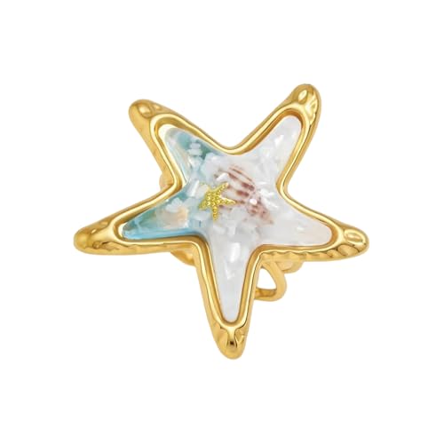 Vintage Starfish Shell Open Rings for Women Stainless Steel Gold Plated Boho Blue Ocean Sea Conch Animal Adjustabel Statement Finger Band Rings Comfirm Fit Summer Beach Holiday Fashion Jewelry