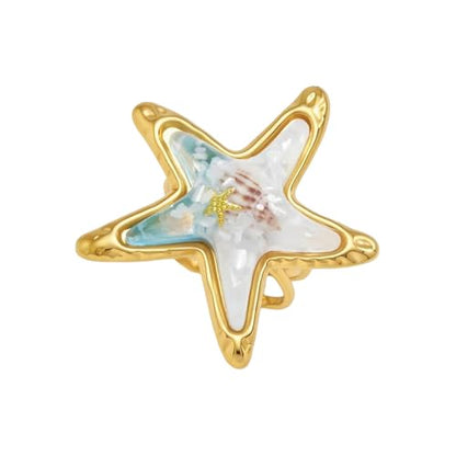 Vintage Starfish Shell Open Rings for Women Stainless Steel Gold Plated Boho Blue Ocean Sea Conch Animal Adjustabel Statement Finger Band Rings Comfirm Fit Summer Beach Holiday Fashion Jewelry