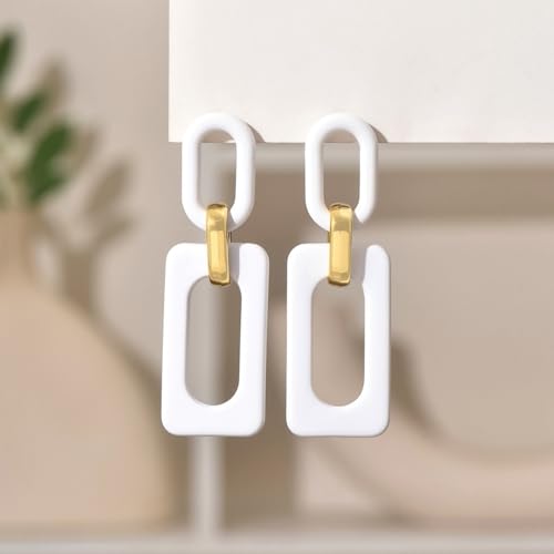 Geometric Square Earrings for Women Lightweight Colorful Color Block Acrylic Chunky Geometric Rectangle Oval Link Chain Statement Earring - style: White Rectangle