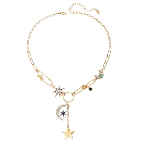Charm Necklace for Women Gold Evil Eye Sun Moon Flower Coin Pendant Necklace Dainty Paperclip Chain Vintage Luck Amulet Choker Necklaces Celestial Jewelry Gift - style: Celestial Charms