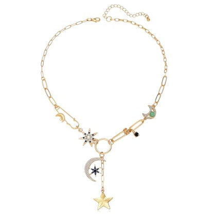Charm Necklace for Women Gold Evil Eye Sun Moon Flower Coin Pendant Necklace Dainty Paperclip Chain Vintage Luck Amulet Choker Necklaces Celestial Jewelry Gift - style: Celestial Charms