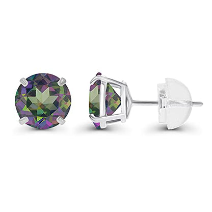 Solid 14K Yellow, White or Rose Gold 4mm Round Genuine Gemstone Birthstone Prong Set Stud Earrings For Women - color: Mystic Green Topaz