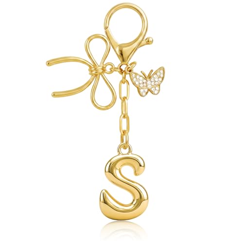 Gold Bubble Heart, Cherry, Bow & More Designs Letter Initial Keychain Bag Charms – Cute Purse Charms for Handbags - color: Bow & Butterfly, style: S