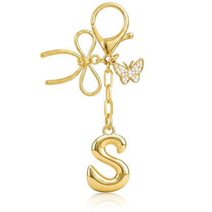 Gold Bubble Heart, Cherry, Bow & More Designs Letter Initial Keychain Bag Charms – Cute Purse Charms for Handbags - color: Bow & Butterfly, style: S