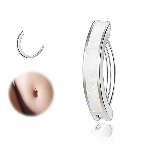 ZS 14G Clicker Belly Button Rings for Women, 925 Sterling Silver Opal Belly Barbell Piercing Reverse Curved Navel Barbell Body Jewelry - color: White Opal:14G,10mm