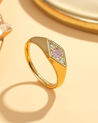 YeGieonr Gold Rings for Women Non Tarnish, 18K Gold Plated Stainless Steel North Star Signet Ring, Waterproof Dainty Pinky Statement Ring, Tarnish Free Gold Jewelry for Women - color: Rhombus Pink