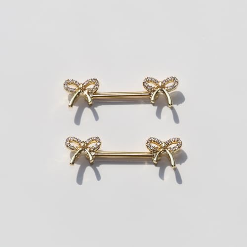 BSJ4U Nipple Piercing Jewelry 14G Stainless Steel Nipple Rings for Women Heart Butterfly Flower Bow Nipple Barbells - color: Gold Clear CZ Nipple Piercing Jewelry