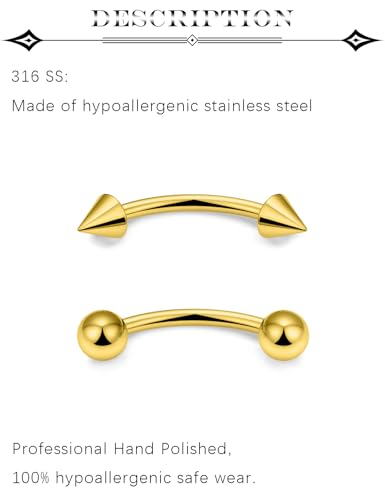 14G Snake Eyes Piercing Jewelry Tongue Curved Barbell Surgical Steel Belly Button Ring Eyebrow Piercing Jewelry Vertical Labret Lip Jewelry for Women Men Bar Length 8mm 10mm 12mm 14mm - color: 8pcs,14g,ball+spike,goldtone