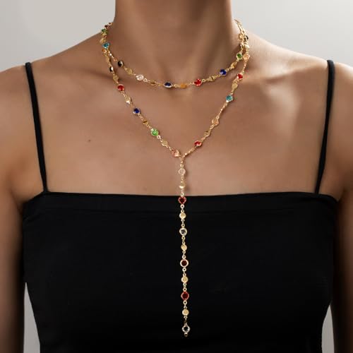 Colorful Crystal Long Necklace for Women Dainty Boho Y-Shaped Color Bead Necklaces Sparkly Rhinestone Pendant Layered Gold Long Chain Choker Good Luck Trend Jewelry Gift Jewelry - color: Double Layer Gold